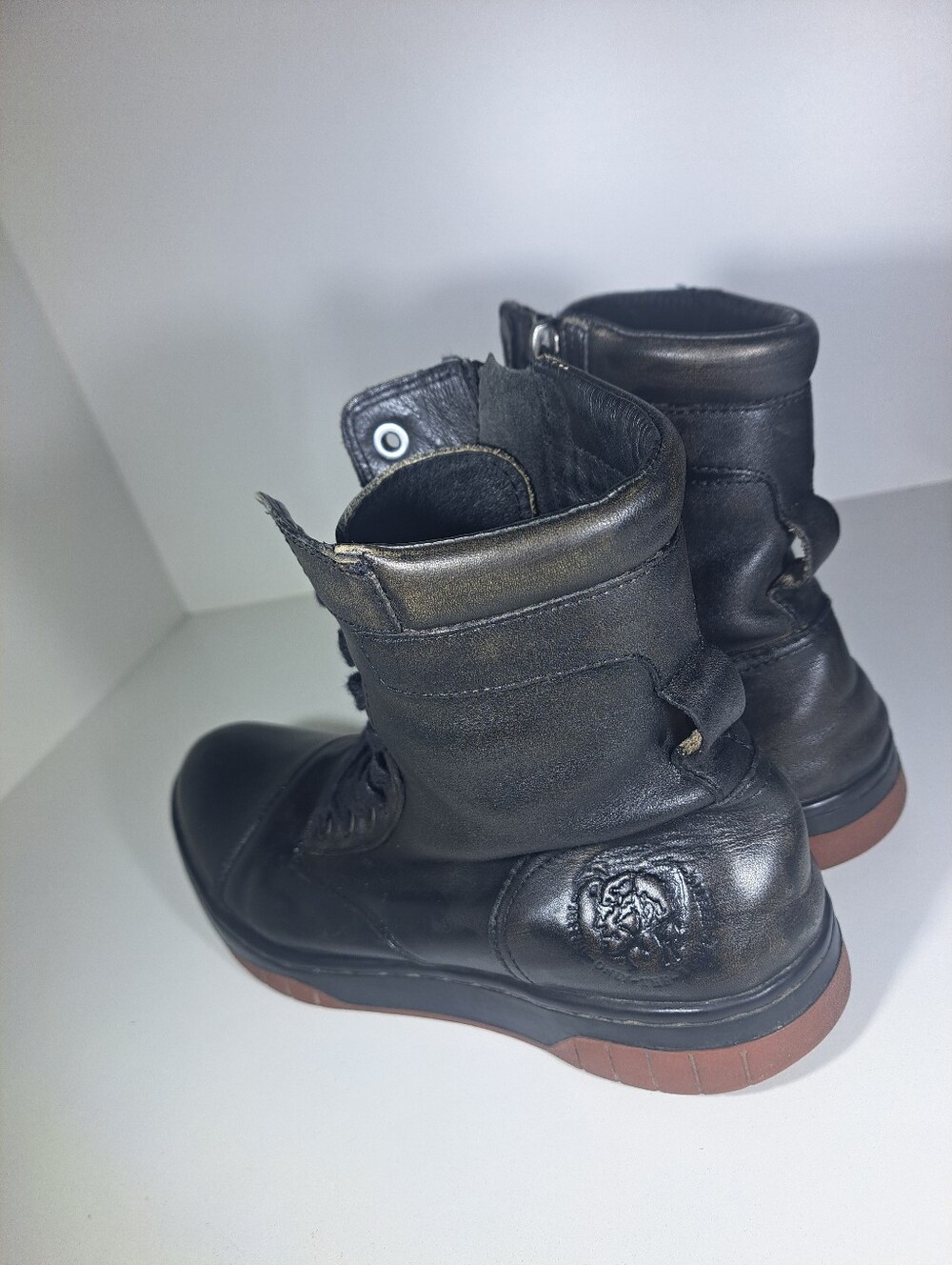 Diesel Black Leather Lace-Up Combat Boots with Brown Soles - Picture 3 of 10